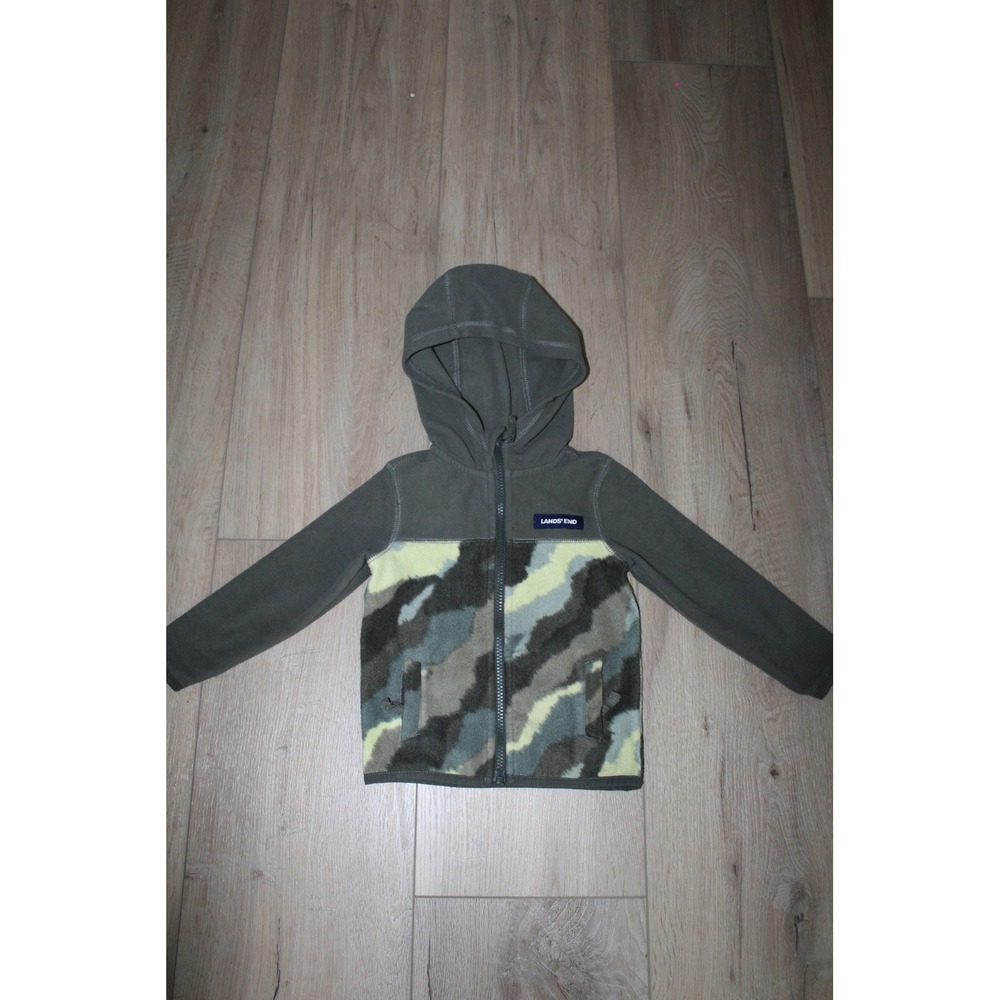 Lands End Toddler Boys 2T Olive Green Camo Fleece Zip Up Hooded Jacket